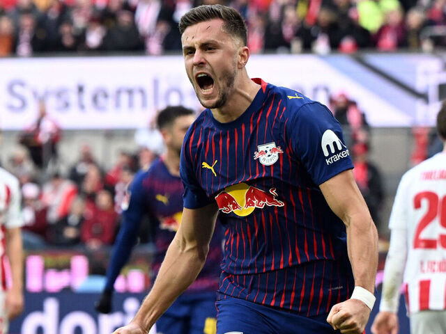 08 February 2026, North Rhine-Westphalia, Cologne: Soccer, Men: Bundesliga, 1. FC Köln - RB Leipzig, Matchday 21, RheinEnergieStadion, Christoph Baumgartner (RB Leipzig) celebrates his goal for 0:1. Photo: Federico Gambarini/dpa - IMPORTANT NOTE: In accordance with the regulations of the DFL German Football League and the DFB German Football Association, it is prohibited to utilize or have utilized photographs taken in the stadium and/or of the match in the form of sequential images and/or video-like photo series.