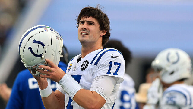 JACKSONVILLE, FLORIDA - DECEMBER 07: Daniel Jones #17 of the Indianapolis Colts looks on during the first quarter against the Jacksonville Jaguars at EverBank Stadium on December 07, 2025 in Jacksonville, Florida.