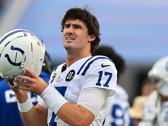 JACKSONVILLE, FLORIDA - DECEMBER 07: Daniel Jones #17 of the Indianapolis Colts looks on during the first quarter against the Jacksonville Jaguars at EverBank Stadium on December 07, 2025 in Jacksonville, Florida.
