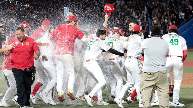 TOPSHOT - Charros de Jalisco's players celebrate after winning the Caribbean Series baseball tournament final game between Mexico's Tomateros de Culiacán and Charros de Jalisco at the Panamerican Stadium in Jalisco, Mexico, on February 8, 2026.