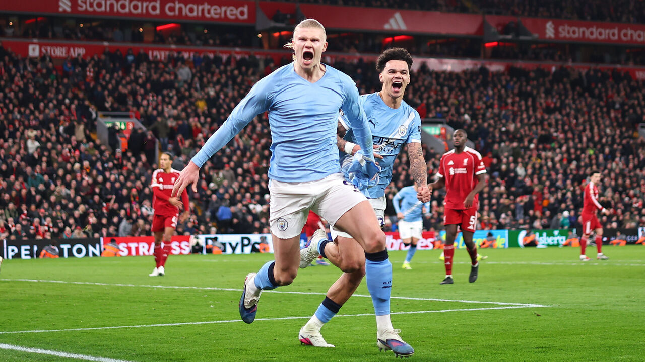 LIVERPOOL, ENGLAND - FEBRUARY 8: Erling Haaland of Manchester City celebrates after scoring a goal to make it 1-2 during the Premier League match between Liverpool and Manchester City at Anfield on February 8, 2026 in Liverpool, United Kingdom.