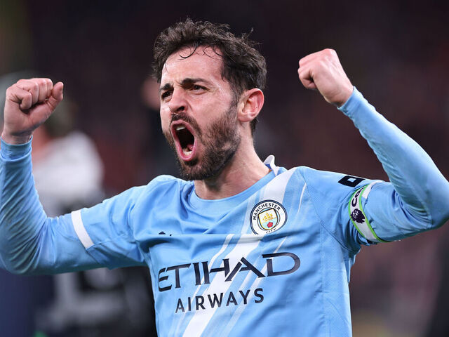 LIVERPOOL, ENGLAND - FEBRUARY 8: Bernardo Silva of Manchester City celebrates during the Premier League match between Liverpool and Manchester City at Anfield on February 8, 2026 in Liverpool, United Kingdom.