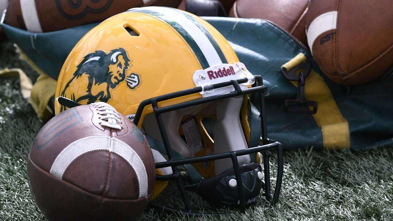 TERRE HAUTE, IN - OCTOBER 08: A North Dakota State University Bison helmet sits on the turf before the game with the Indiana State University Sycamores, Saturday, October 8, 2022, at Memorial Stadium in Terre Haute, Indiana.