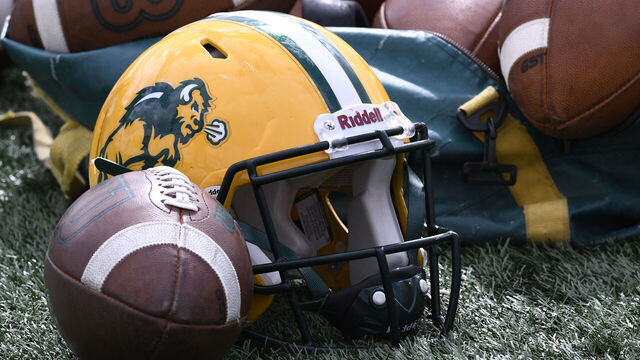 TERRE HAUTE, IN - OCTOBER 08: A North Dakota State University Bison helmet sits on the turf before the game with the Indiana State University Sycamores, Saturday, October 8, 2022, at Memorial Stadium in Terre Haute, Indiana.