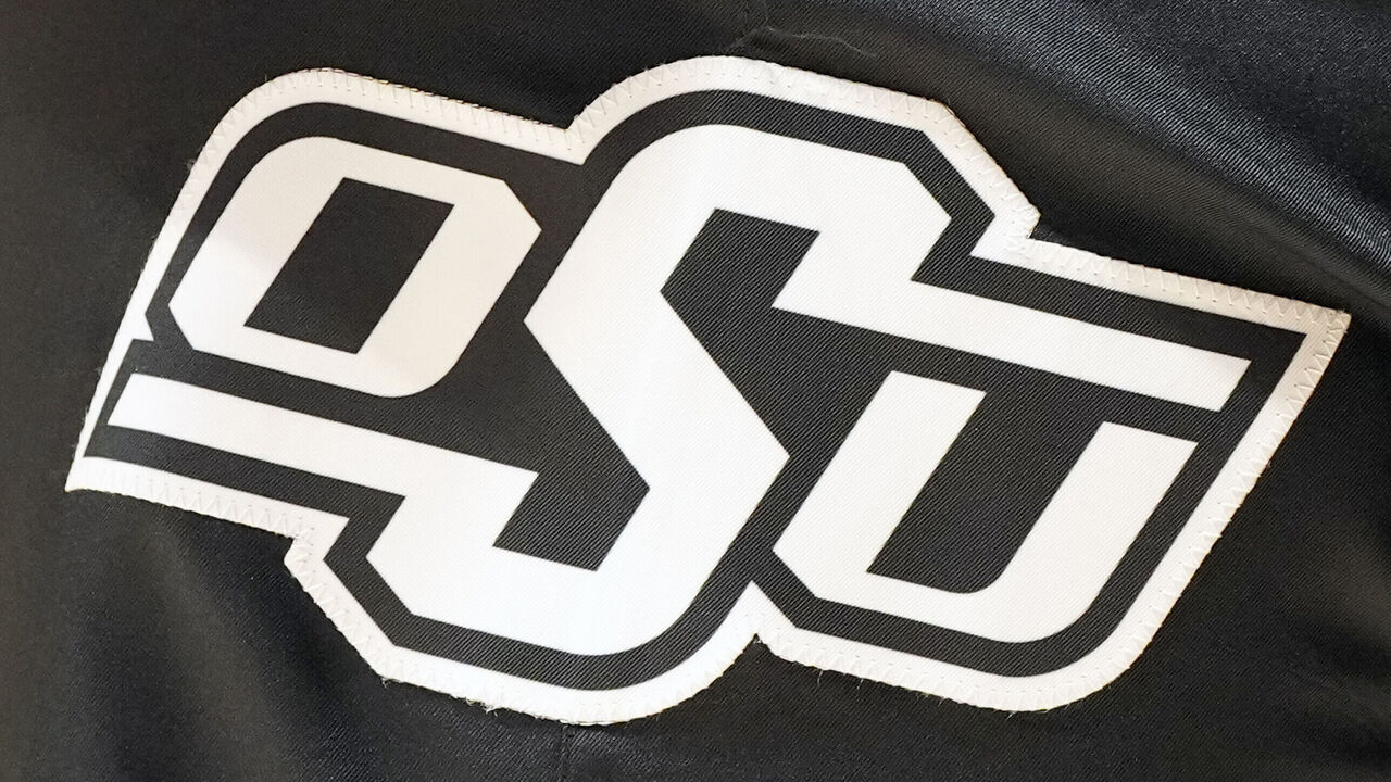 MORGANTOWN, WEST VIRGINIA - FEBRUARY 20: The Oklahoma State Cowboys logo on a pair of shorts during a college basketball game against the West Virginia Mountaineers at the WVU Coliseum on February 20, 2023 in Morgantown, West Virginia.