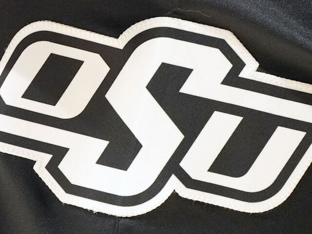 MORGANTOWN, WEST VIRGINIA - FEBRUARY 20: The Oklahoma State Cowboys logo on a pair of shorts during a college basketball game against the West Virginia Mountaineers at the WVU Coliseum on February 20, 2023 in Morgantown, West Virginia.