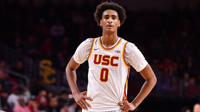 LOS ANGELES, CA - FEBRUARY 03: USC Trojans guard Alijah Arenas (0) looks on during the college basketball game between the Indiana Hoosiers and the USC Trojans on February 3, 2026 at the Galen Center in Los Angeles, CA.