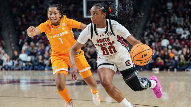 COLUMBIA, SOUTH CAROLINA - FEBRUARY 08: Ta'niya Latson #00 of the South Carolina Gamecocks brings the ball up court while guarded by Nya Robertson #1 of the Tennessee Lady Volunteers in the first half during their game at Colonial Life Arena on February 08, 2026 in Columbia, South Carolina.