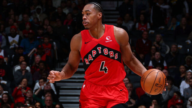 TORONTO, CANADA - FEBRUARY 8: Scottie Barnes #4 of the Toronto Raptors looks to pass the ball during the game against the Indiana Pacers on February 8, 2026 at the Scotiabank Arena in Toronto, Ontario, Canada. Mandatory Copyright Notice: Copyright 2026 NBAE