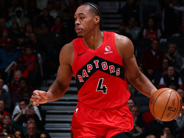 TORONTO, CANADA - FEBRUARY 8: Scottie Barnes #4 of the Toronto Raptors looks to pass the ball during the game against the Indiana Pacers on February 8, 2026 at the Scotiabank Arena in Toronto, Ontario, Canada. Mandatory Copyright Notice: Copyright 2026 NBAE