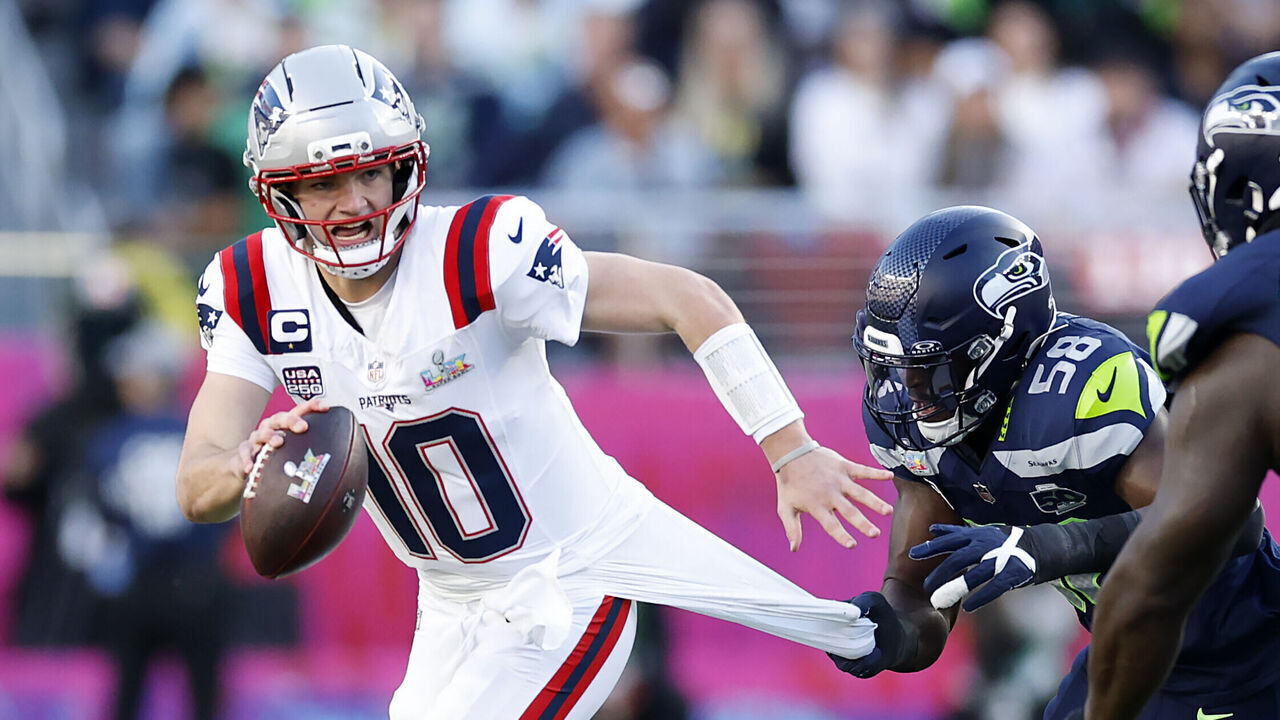 New England Patriots quarterback Drake Maye (10) is sacked by Seattle Seahawks Derick Hall (58) during the first quarter of Super Bowl LX between the Seattle Seahawks and New England Patriots in Santa Clara, Calif. on Sunday, Feb. 8, 2026.