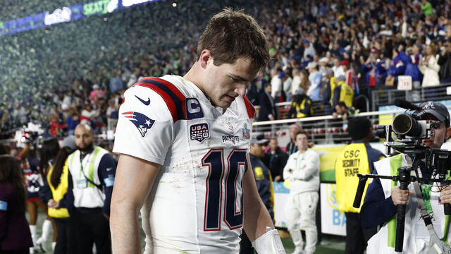 Santa Clara, CA - February 8: New England Patriots quarterback Drake Maye walks off the field after the game. The New England Patriots and Seattle Seahawks played in Super Bowl LX at Levi's Stadium on February 8, 2026.