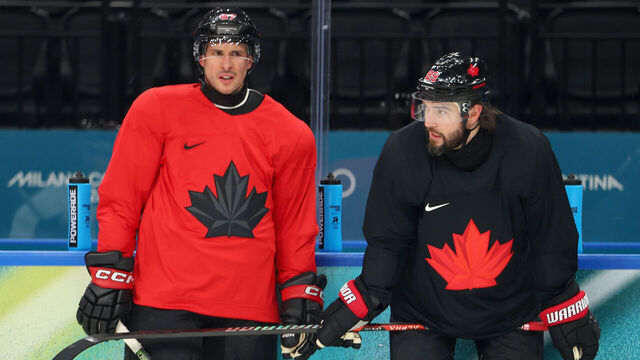 MILAN, ITALY - FEBRUARY 08: Sidney Crosby #87 and Drew Doughty #89 of Team Canada takes part during training on day two of the Milano Cortina 2026 Winter Olympic games at Milano Santagiulia Ice Hockey Arena on February 08, 2026 in Milan, Italy.
