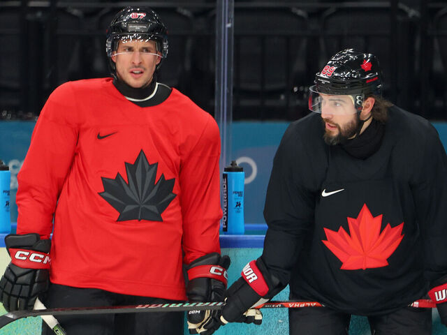 MILAN, ITALY - FEBRUARY 08: Sidney Crosby #87 and Drew Doughty #89 of Team Canada takes part during training on day two of the Milano Cortina 2026 Winter Olympic games at Milano Santagiulia Ice Hockey Arena on February 08, 2026 in Milan, Italy.