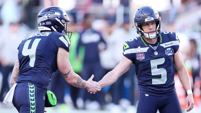 SANTA CLARA, CALIFORNIA - FEBRUARY 08: Jason Myers #5 of the Seattle Seahawks celebrates a field goal against the New England Patriots with Michael Dickson #4 of the Seattle Seahawks during the first quarter in Super Bowl LX at Levi's Stadium on February 08, 2026 in Santa Clara, California.