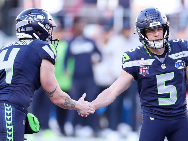 SANTA CLARA, CALIFORNIA - FEBRUARY 08: Jason Myers #5 of the Seattle Seahawks celebrates a field goal against the New England Patriots with Michael Dickson #4 of the Seattle Seahawks during the first quarter in Super Bowl LX at Levi's Stadium on February 08, 2026 in Santa Clara, California.