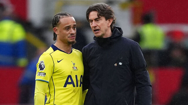 Tottenham Hotspur manager Thomas Frank with Xavi Simons after the Premier League match at Old Trafford, Manchester. Picture date: Saturday February 7, 2026.