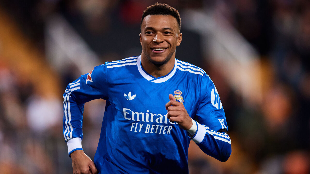 Kylian Mbappe of Real Madrid celebrates after scoring the team's second goal during the LaLiga EA Sports match between Valencia CF and Real Madrid at Mestalla stadium in Valencia, Spain, on February 8, 2026.