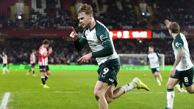 Middlesbrough's Tommy Conway (centre) celebrates scoring their side's first goal of the game during the Sky Bet Championship match at Bramall Lane, Sheffield. Picture date: Monday February 9, 2026.