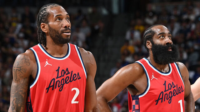 INGLEWOOD, CA - MAY 3: James Harden #1 and Kawhi Leonard #2 of the LA Clippers look on during Round One, Game Seven of the 2025 NBA Playoffs against the Denver Nuggets on May 3, 2025 at Ball Arena in Denver, Colorado. NOTE TO USER: User expressly acknowledges and agrees that, by downloading and/or using this Photograph, user is consenting to the terms and conditions of the Getty Images License Agreement. Mandatory Copyright Notice: Copyright 2025 NBAE