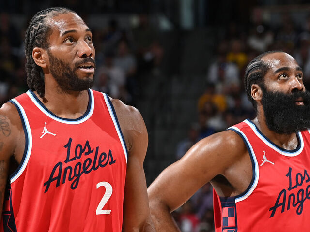 INGLEWOOD, CA - MAY 3: James Harden #1 and Kawhi Leonard #2 of the LA Clippers look on during Round One, Game Seven of the 2025 NBA Playoffs against the Denver Nuggets on May 3, 2025 at Ball Arena in Denver, Colorado. NOTE TO USER: User expressly acknowledges and agrees that, by downloading and/or using this Photograph, user is consenting to the terms and conditions of the Getty Images License Agreement. Mandatory Copyright Notice: Copyright 2025 NBAE