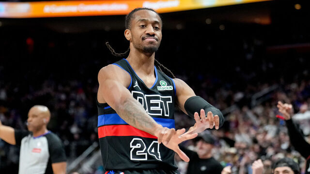 DETROIT, MICHIGAN - FEBRUARY 06: Daniss Jenkins #24 of the Detroit Pistons reacts after making a 3-point basket against the New York Knicks during the second quarter at Little Caesars Arena on February 06, 2026 in Detroit, Michigan.