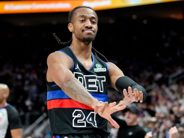 DETROIT, MICHIGAN - FEBRUARY 06: Daniss Jenkins #24 of the Detroit Pistons reacts after making a 3-point basket against the New York Knicks during the second quarter at Little Caesars Arena on February 06, 2026 in Detroit, Michigan.