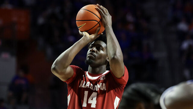GAINESVILLE, FLORIDA - FEBRUARY 1: Charles Bediako #14 of the Alabama Crimson Tide shoots a free throw during the first half of a game against the Florida Gators at the Stephen C. O'Connell Center on February 1, 2026 in Gainesville, Florida.