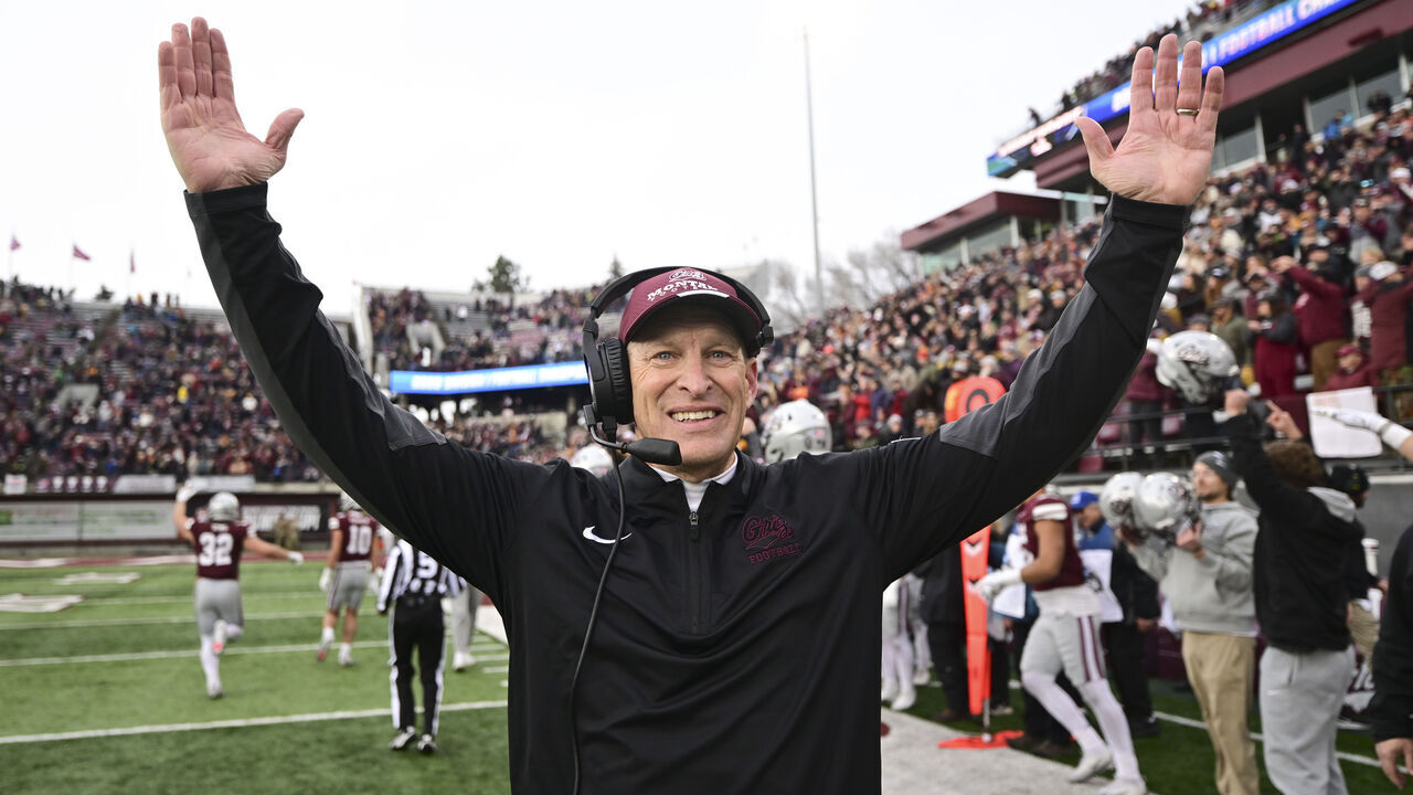 MISSOULA, MONTANA - DECEMBER 06: Head coach Bobby Hauck of the Montana Grizzlies reacts after beating the South Dakota State Jackrabbits 50-29 at Washington-Grizzly Stadium on December 06, 2025 in Missoula, Montana.