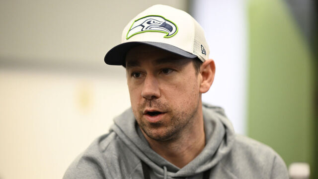 SAN JOSE, CALIFORNIA - FEBRUARY 05: Offensive coordinator Klint Kubiak of the Seattle Seahawks speaks to the media ahead of Super Bowl LX at the San Jose Convention Center on February 05, 2026 in San Jose, California.