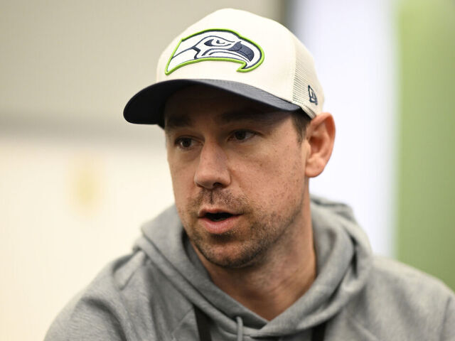 SAN JOSE, CALIFORNIA - FEBRUARY 05: Offensive coordinator Klint Kubiak of the Seattle Seahawks speaks to the media ahead of Super Bowl LX at the San Jose Convention Center on February 05, 2026 in San Jose, California.