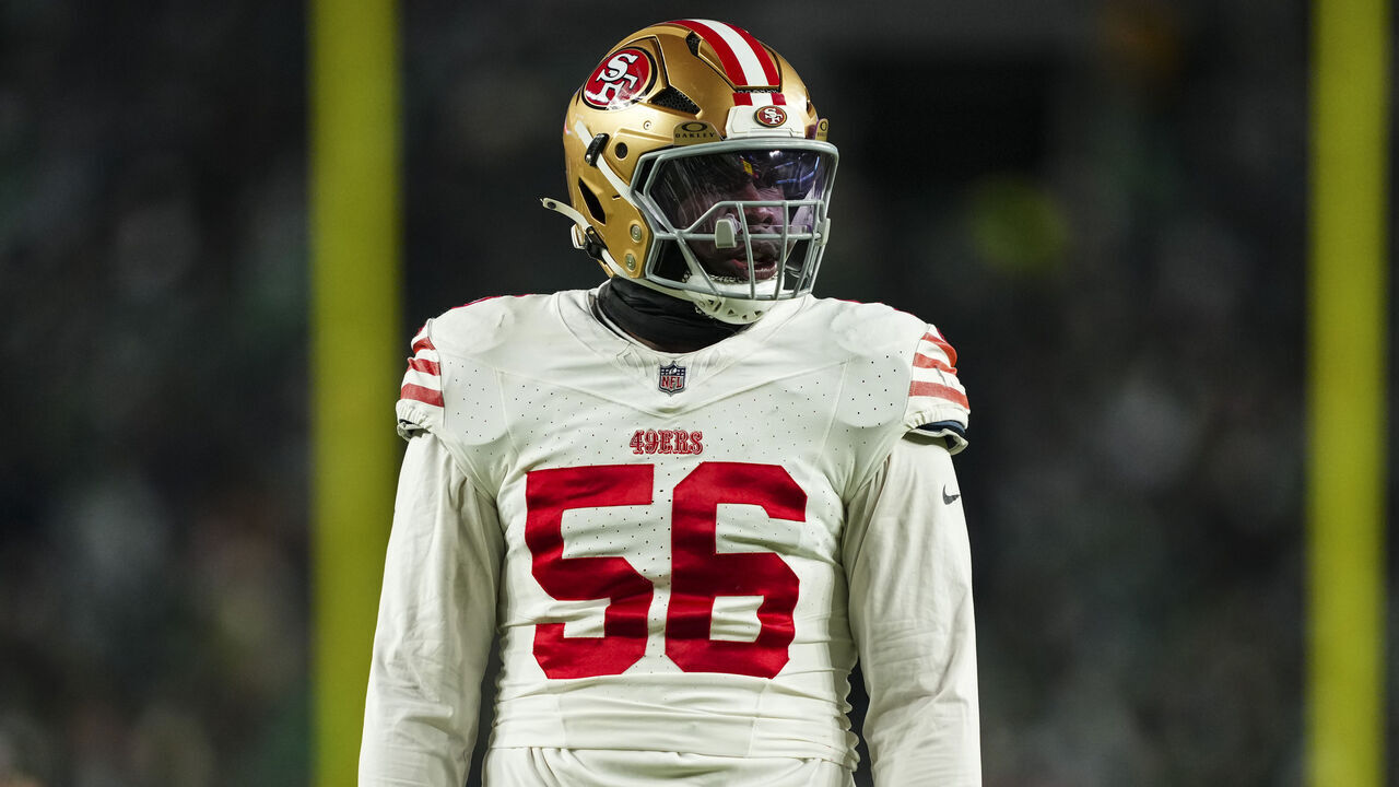 PHILADELPHIA, PA - JANUARY 11: Keion White #56 of the San Francisco 49ers looks on from the field during an NFL wild card playoff football game against the Philadelphia Eagles at Lincoln Financial Field on January 11, 2026 in Philadelphia, Pennsylvania.