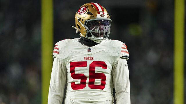 PHILADELPHIA, PA - JANUARY 11: Keion White #56 of the San Francisco 49ers looks on from the field during an NFL wild card playoff football game against the Philadelphia Eagles at Lincoln Financial Field on January 11, 2026 in Philadelphia, Pennsylvania.