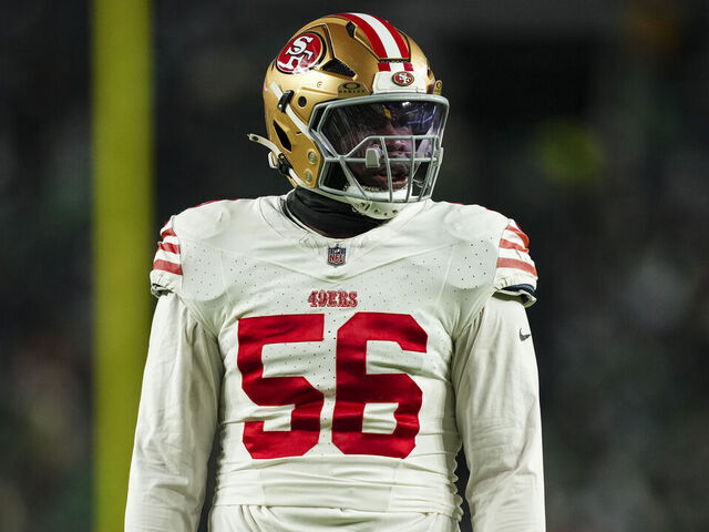 PHILADELPHIA, PA - JANUARY 11: Keion White #56 of the San Francisco 49ers looks on from the field during an NFL wild card playoff football game against the Philadelphia Eagles at Lincoln Financial Field on January 11, 2026 in Philadelphia, Pennsylvania.
