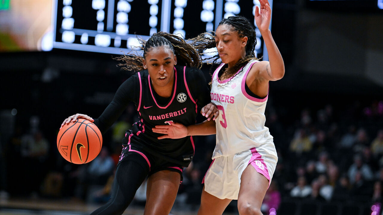NASHVILLE, TENNESSEE - FEBRUARY 9: Mikayla Blakes #1 of the Vanderbilt Commodores drives towards the basket against Zya Vann #3 of the Oklahoma Sooners in the first half at Vanderbilt University Memorial Gymnasium on February 9, 2026 in Nashville, Tennessee.
