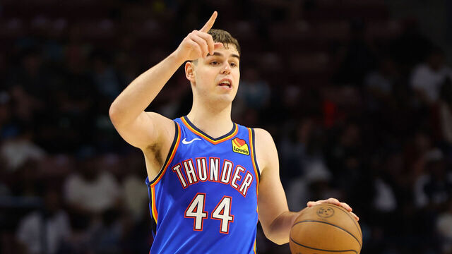 CHARLESTON, SC - OCTOBER 5: Nikola Topic #44 of the Oklahoma City Thunder calls a play during the game against the Charlotte Hornets on October 5, 2025 at Charleston Coliseum in Charleston, South Carolina. Mandatory Copyright Notice: Copyright 2025 NBAE
