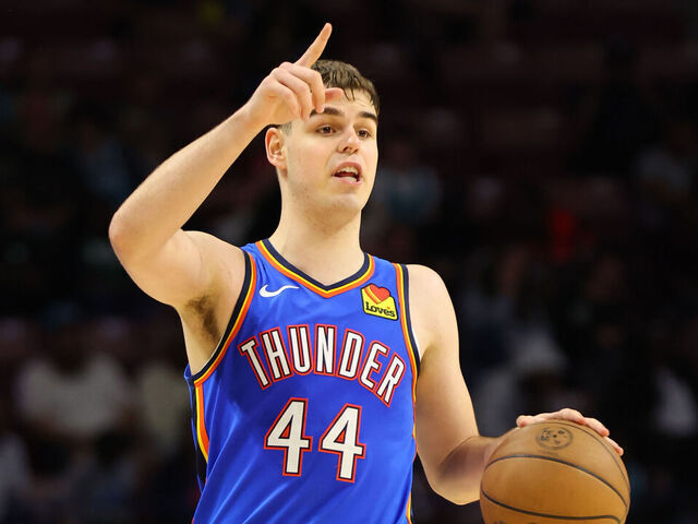 CHARLESTON, SC - OCTOBER 5: Nikola Topic #44 of the Oklahoma City Thunder calls a play during the game against the Charlotte Hornets on October 5, 2025 at Charleston Coliseum in Charleston, South Carolina. Mandatory Copyright Notice: Copyright 2025 NBAE