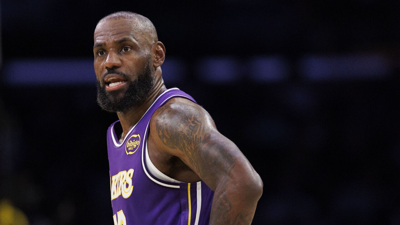 LOS ANGELES, CA - FEBRUARY 9, 2026: Los Angeles Lakers forward LeBron James (23) stands alone on the court during the game against the Oklahoma City Thunder at Crypto.com Arena on February 79 2026 in Los Angeles, California.(Gina Ferazzi / Los Angeles Times via Getty Images)