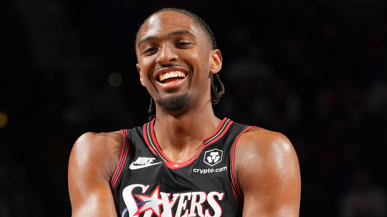 PHILADELPHIA, PA - JANUARY 31: Tyrese Maxey #0 of the Philadelphia 76ers smiles during the game against the New Orleans Pelicans on January 31, 2026 at the Wells Fargo Center in Philadelphia, Pennsylvania NOTE TO USER: User expressly acknowledges and agrees that, by downloading and/or using this Photograph, user is consenting to the terms and conditions of the Getty Images License Agreement. Mandatory Copyright Notice: Copyright 2026 NBAE