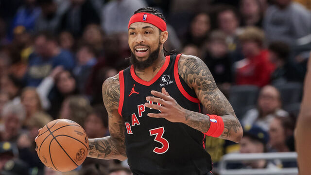 INDIANAPOLIS, INDIANA - JANUARY 14: Brandon Ingram #3 of the Toronto Raptors brings the ball up court during the game against the Indiana Pacers at Gainbridge Fieldhouse on January 14, 2026 in Indianapolis, Indiana.