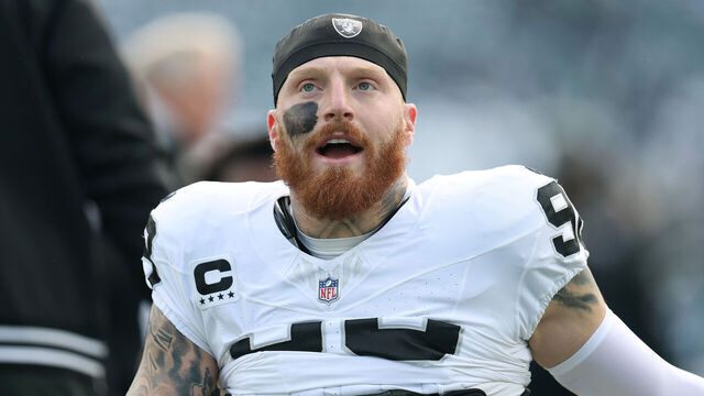 PHILADELPHIA, PENNSYLVANIA - DECEMBER 14: Maxx Crosby #98 of the Las Vegas Raiders looks on during warmups before the game against the Philadelphia Eagles at Lincoln Financial Field on December 14, 2025 in Philadelphia, Pennsylvania.