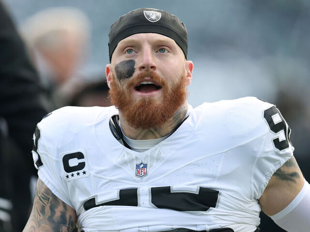 PHILADELPHIA, PENNSYLVANIA - DECEMBER 14: Maxx Crosby #98 of the Las Vegas Raiders looks on during warmups before the game against the Philadelphia Eagles at Lincoln Financial Field on December 14, 2025 in Philadelphia, Pennsylvania.
