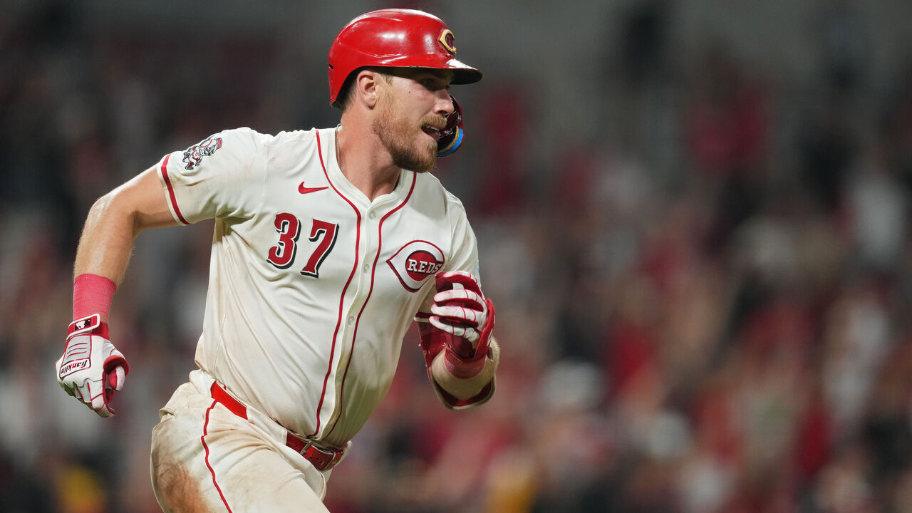 CINCINNATI, OHIO - SEPTEMBER 24: Tyler Stephenson #37 of the Cincinnati Reds watches his solo home run during the ninth inning of a baseball game against the Pittsburgh Pirates at Great American Ball Park on September 24, 2025 in Cincinnati, Ohio.