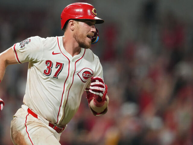 CINCINNATI, OHIO - SEPTEMBER 24: Tyler Stephenson #37 of the Cincinnati Reds watches his solo home run during the ninth inning of a baseball game against the Pittsburgh Pirates at Great American Ball Park on September 24, 2025 in Cincinnati, Ohio.