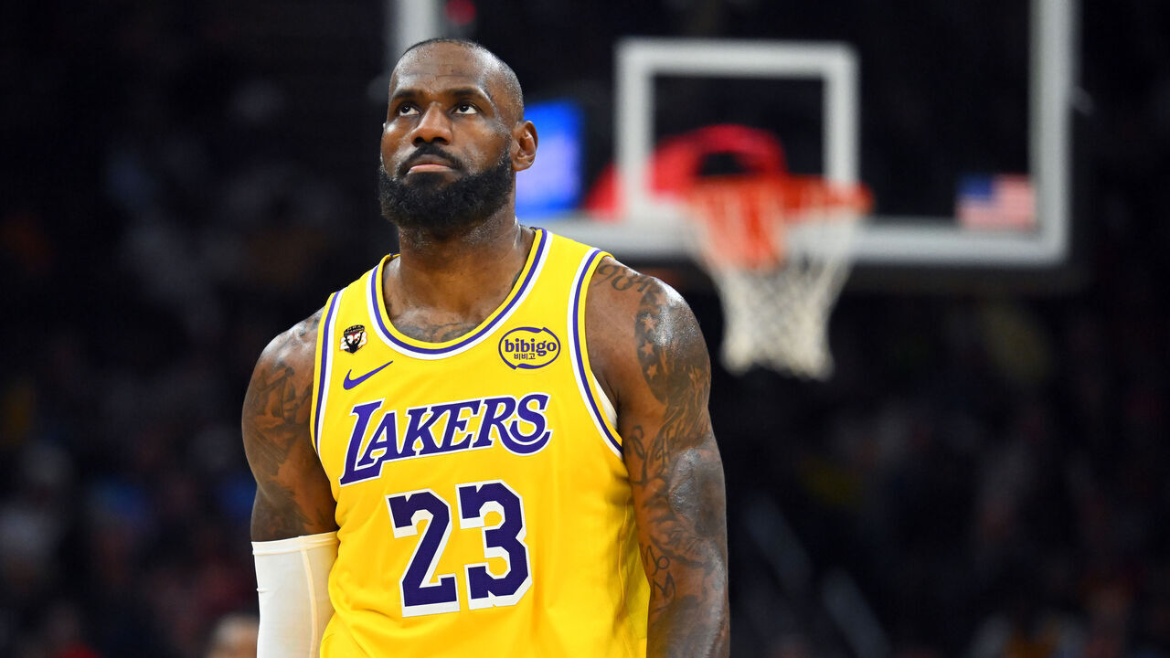CLEVELAND, OHIO - JANUARY 28: LeBron James #23 of the Los Angeles Lakers reacts during the fourth quarter against the Cleveland Cavaliers at Rocket Arena on January 28, 2026 in Cleveland, Ohio. The Cavaliers defeated the Lakers 129-99.