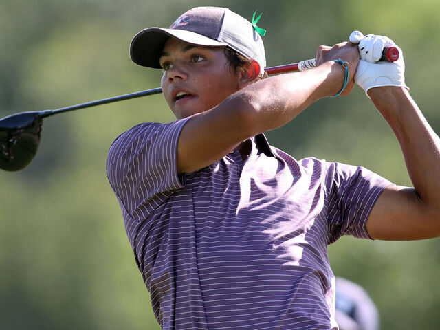 DALLAS, TEXAS - JULY 21: Charlie Woods hits a tee shot on the fourth hole during the first round of the U.S. Junior Amateur at Brook Hollow Golf Club on July 21, 2025 in Dallas, Texas.