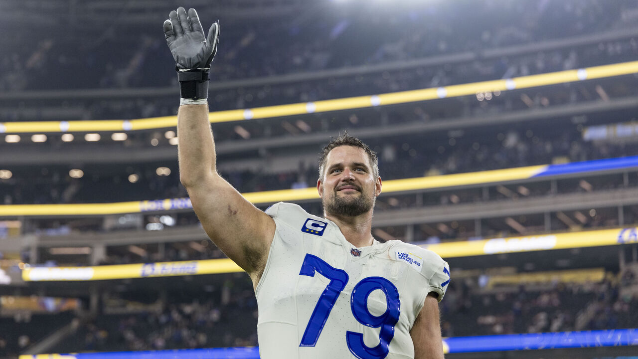 INGLEWOOD, CALIFORNIA - OCTOBER 24: Rob Havenstein #79 of the Los Angeles reacts during an NFL Football game against the Minnesota Vikings at SoFi Stadium on October 24, 2024 in Inglewood, California.