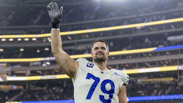 INGLEWOOD, CALIFORNIA - OCTOBER 24: Rob Havenstein #79 of the Los Angeles reacts during an NFL Football game against the Minnesota Vikings at SoFi Stadium on October 24, 2024 in Inglewood, California.