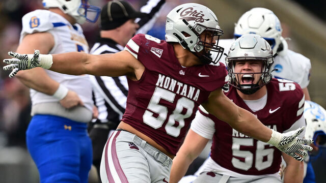 MISSOULA, MONTANA - DECEMBER 6: Solomon Tuliaupupu #58 of the Montana Grizzlies celebrates sacking Chase Mason #7 of the South Dakota State Jackrabbits during the first half at Washington-Grizzly Stadium on December, 6, 2025 in Missoula, Montana.