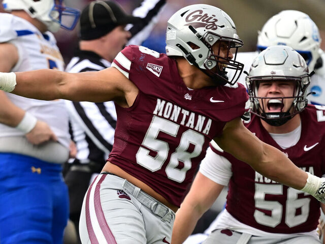 MISSOULA, MONTANA - DECEMBER 6: Solomon Tuliaupupu #58 of the Montana Grizzlies celebrates sacking Chase Mason #7 of the South Dakota State Jackrabbits during the first half at Washington-Grizzly Stadium on December, 6, 2025 in Missoula, Montana.